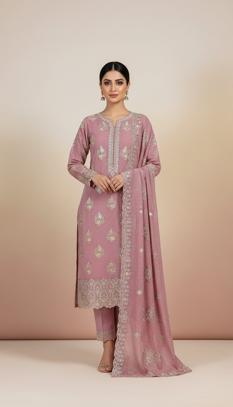 Dusty Pink Embroidered Silk Blend Suit with Mirror/Sequin Work 3-Piece
